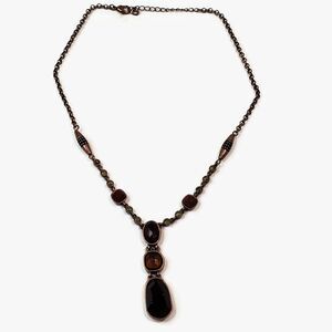 Bronze Tone Necklace With Red, Green & Orange-y Brown Cabochons 17.5"l.